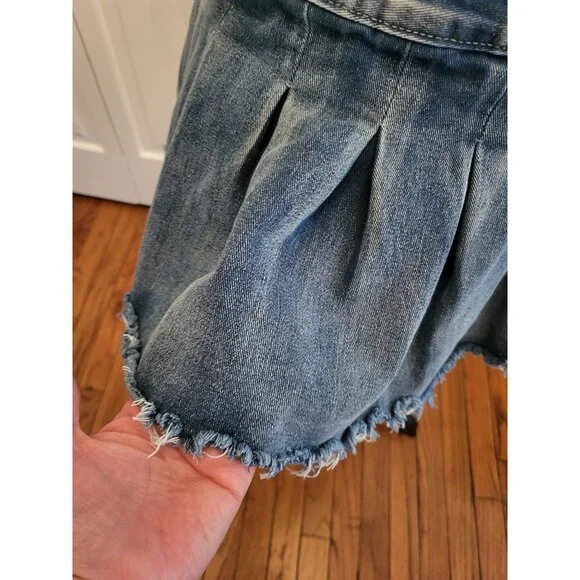 Denim Pleated Micro Mini Frayed Hem Low Rise L Shein Y2K Preppy Back to School - Picture 5 of 5